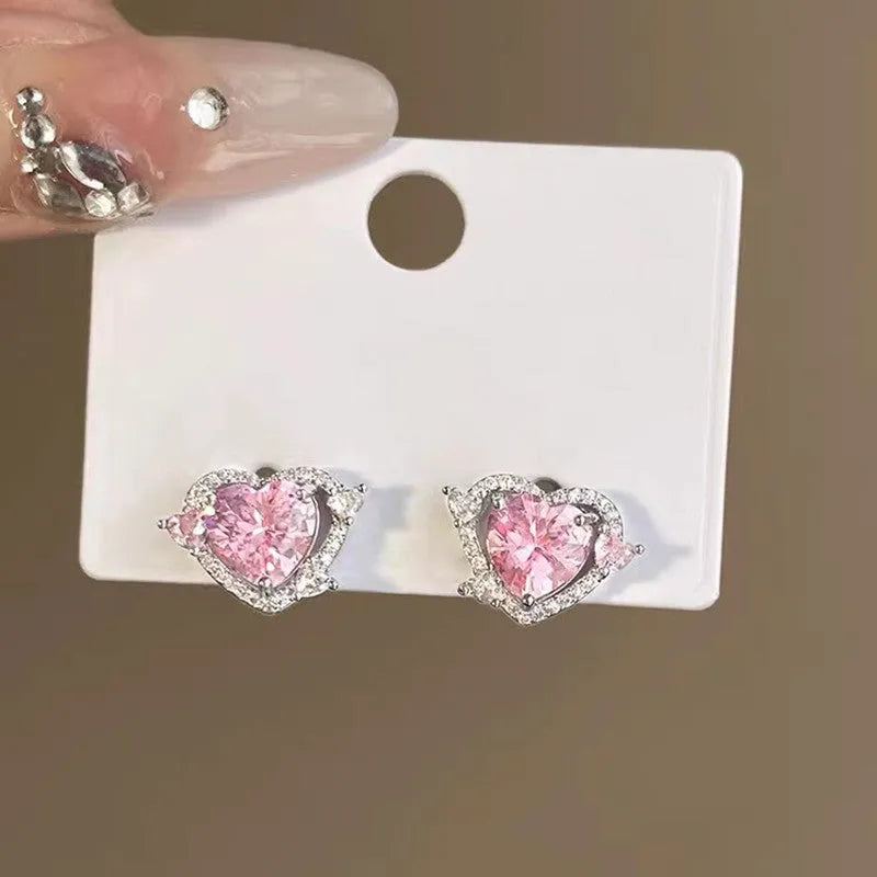 White k heart-shaped stud earrings for women with butterfly clasps