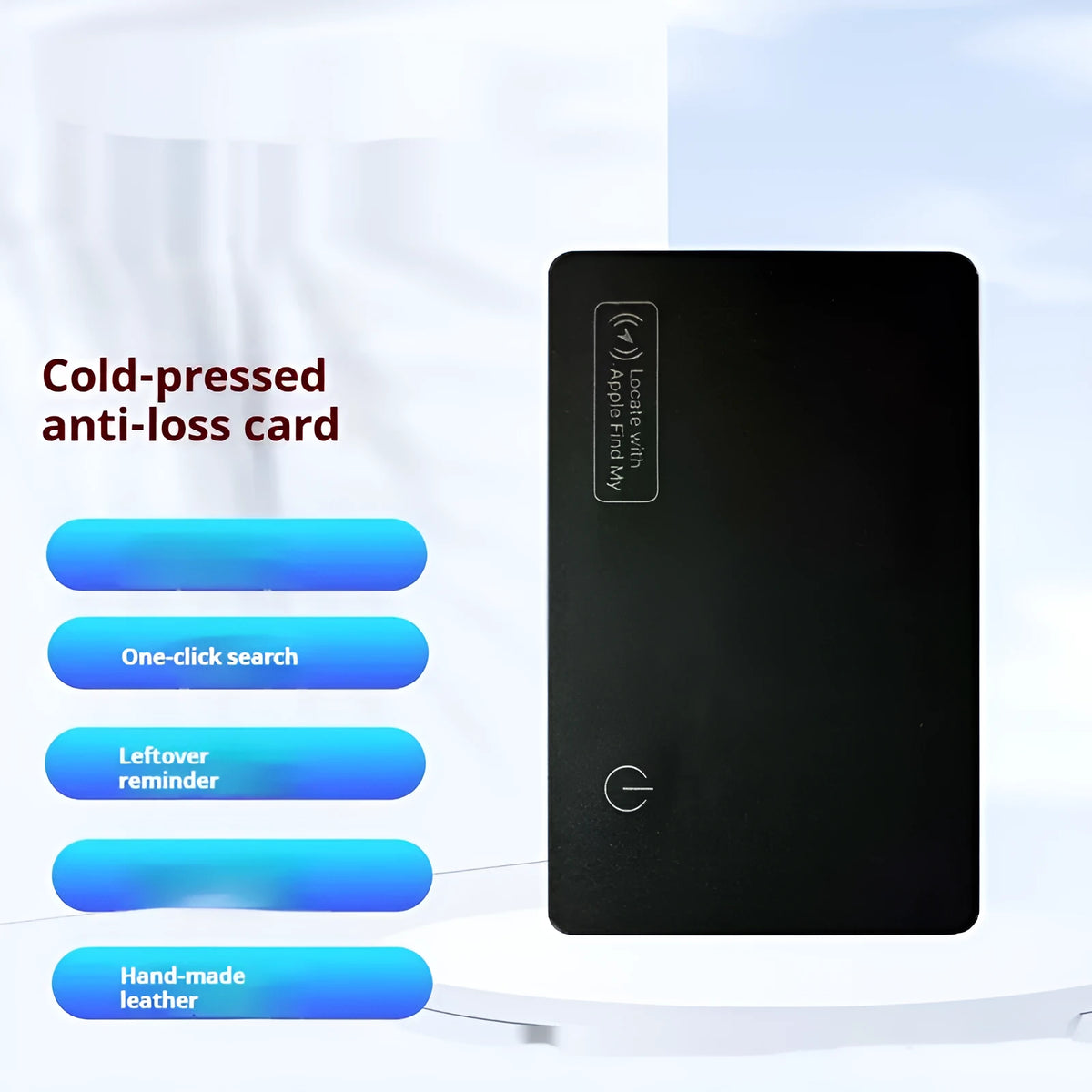Ultra-thin card anti-loss alarm device in selected leather, 86 x 54 x 3mm, black packaging option