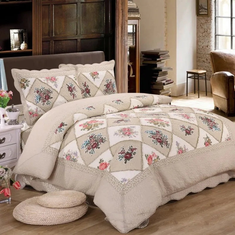 Washed pure cotton quilted bedspread set in Korean style, showing bed cover and two pillowcases.
