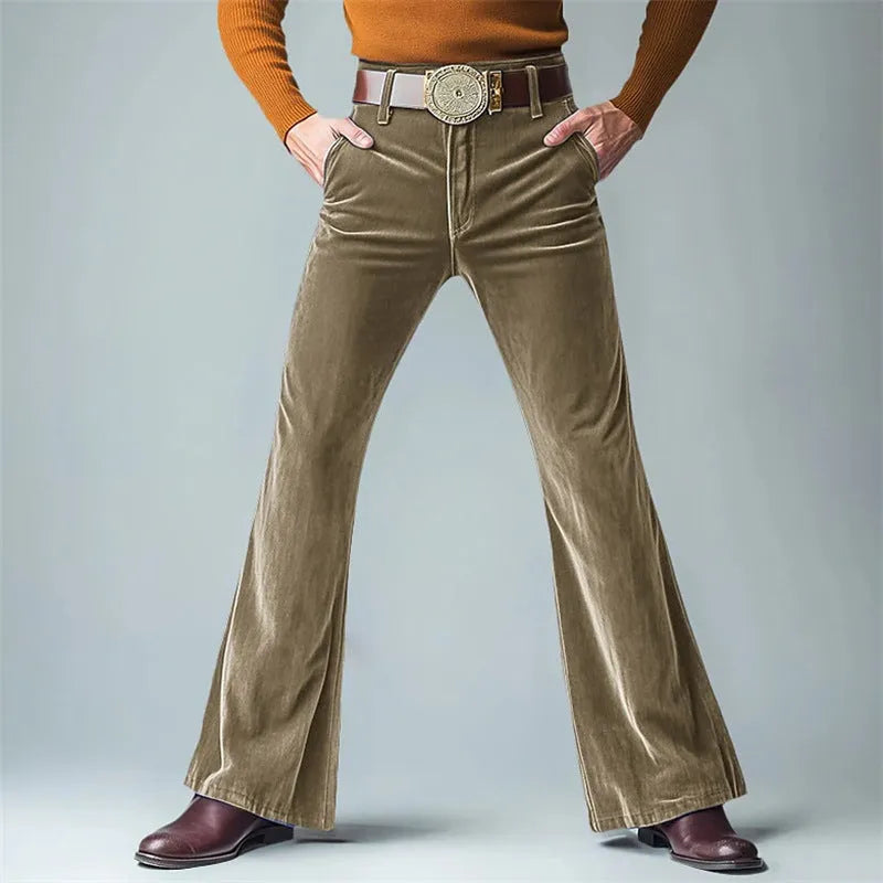 Men's slim flared trousers in gold velvet fabric, shown in multiple colours including black, blue, and dark red.