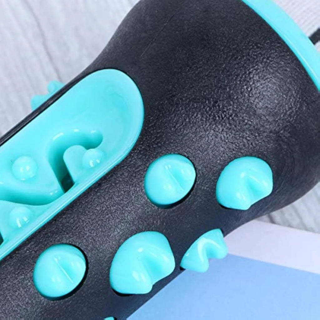 Natural rubber dog dental chew toy in blue with toothbrush texture for cleaning teeth.