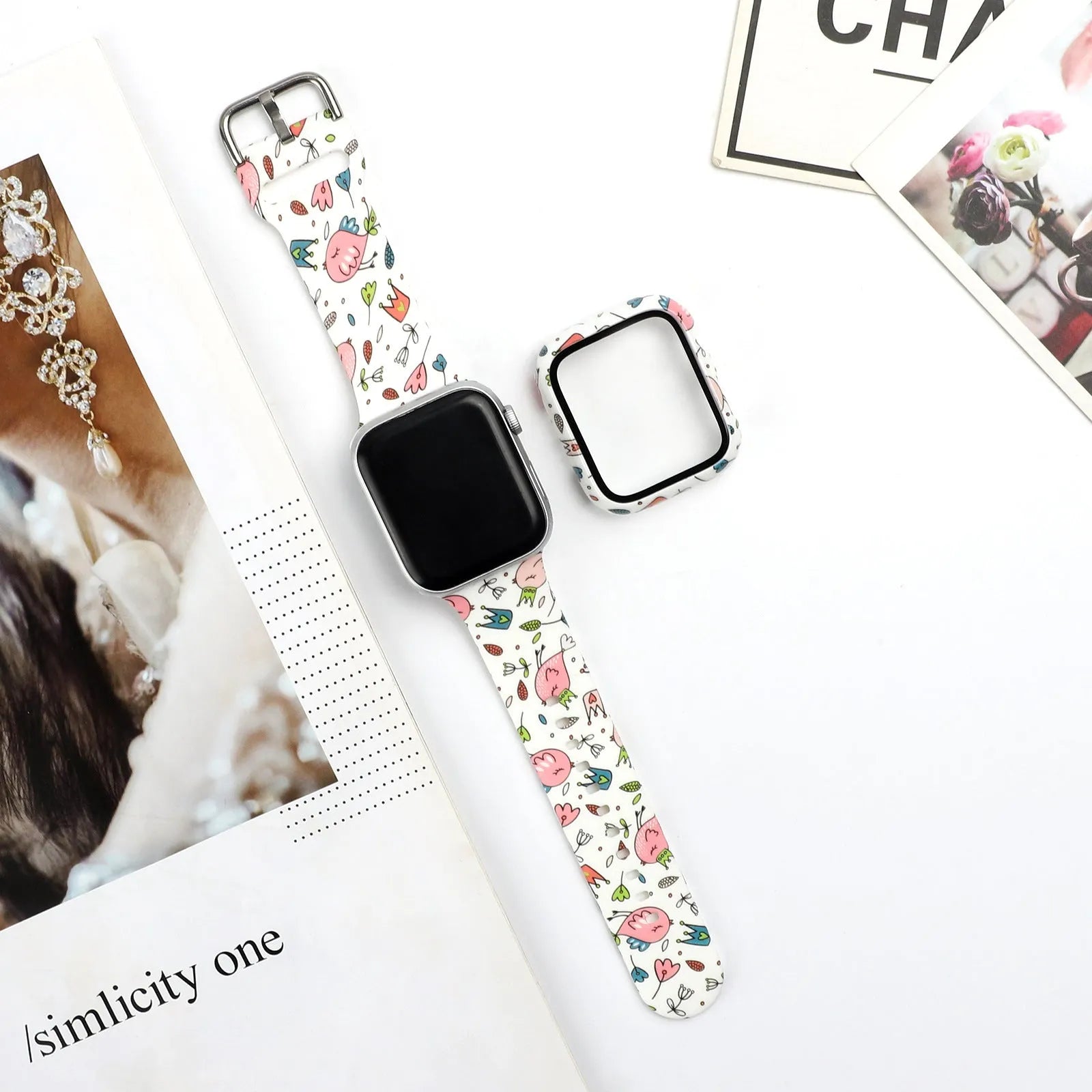 Printed silicone replacement watch strap for Apple iWatch showing multiple design options and size fit.