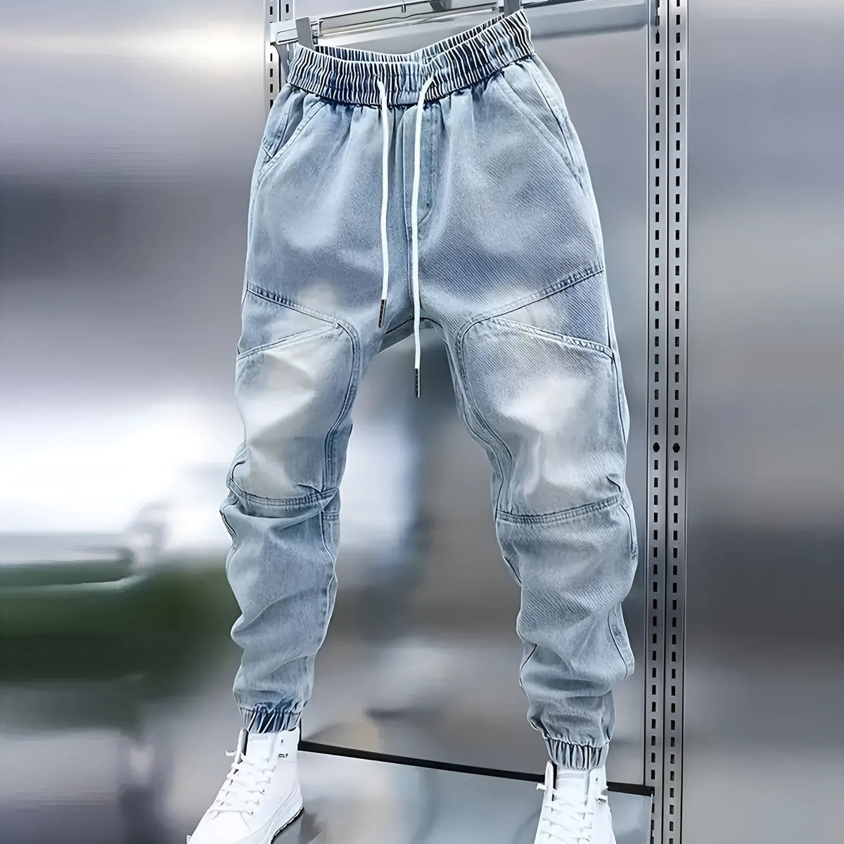 Men's light blue skinny jeans with drawstring mid waist and elastic ankle cuffs, cotton denim pencil pants