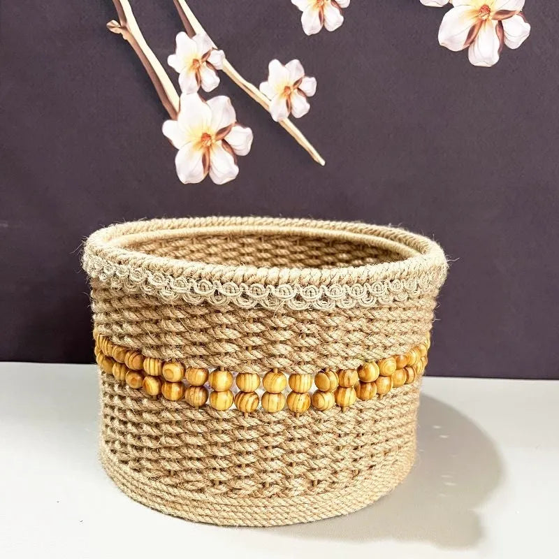 Hand-made brown rattan storage basket for snacks, cosmetics and sundries, available in 20cm and 23cm sizes.