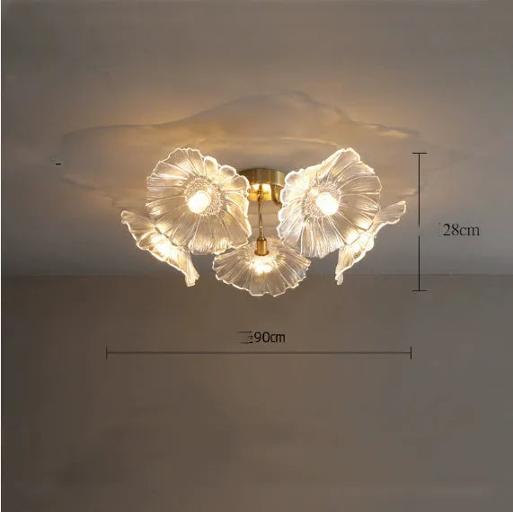 Modern white flower ceiling lamp with five heads emitting warm light, mounted on a ceiling.