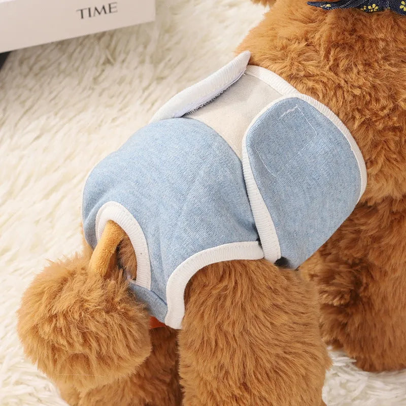 Pure cotton dog safety pants in light blue with elasticated waist, four sizes available
