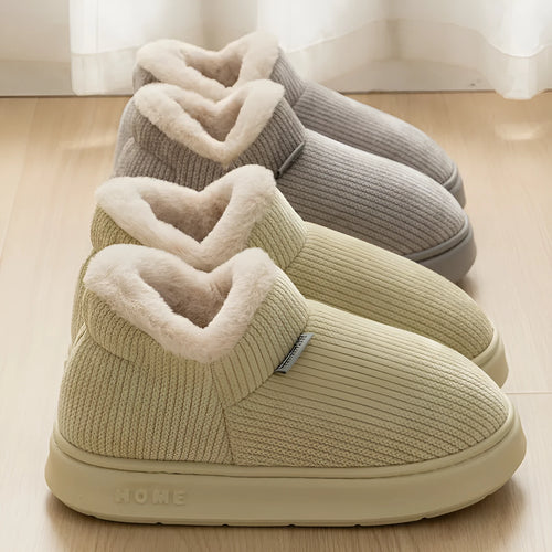 Women's ankle wrap cotton slippers in brown, plush upper, non-slip EVA sole, flat heel, round toe, indoor thermal shoes
