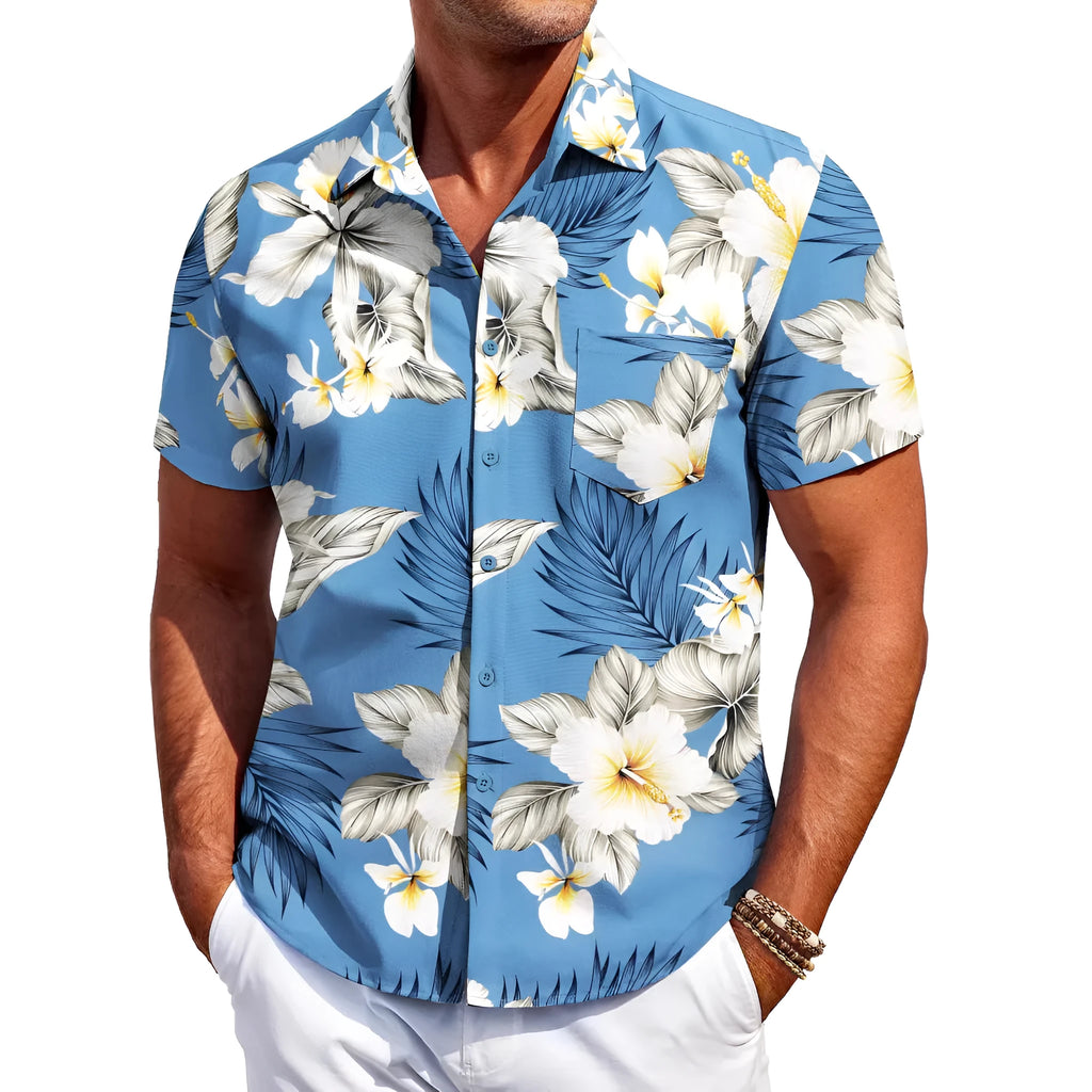 Men's slim fit Hawaiian style short sleeve shirt on a hanger.