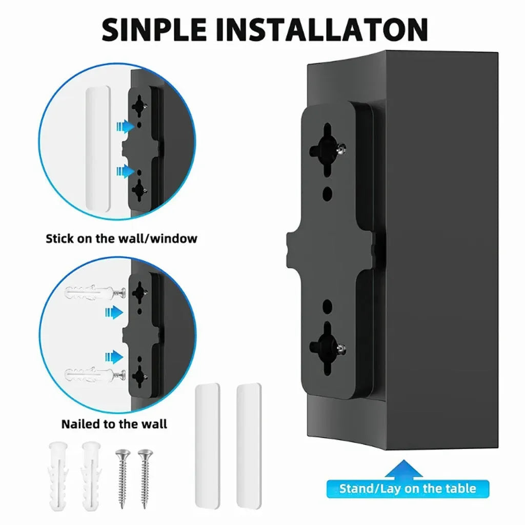 Black plastic digital HD television antenna with included mounting screws, expansion tubes, cable ties, and adhesive tape.