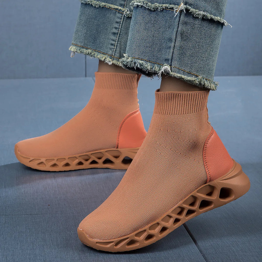 Women's low-top casual mesh sock boots in terracotta warriors colour with round toe and sewing line detailing