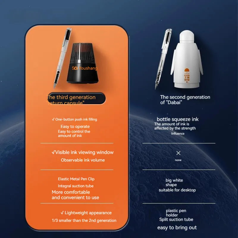 Student automatic suction pen set showing pen, ink feeder, handbag, and manual with 0.38mm and 0.5mm nib options.