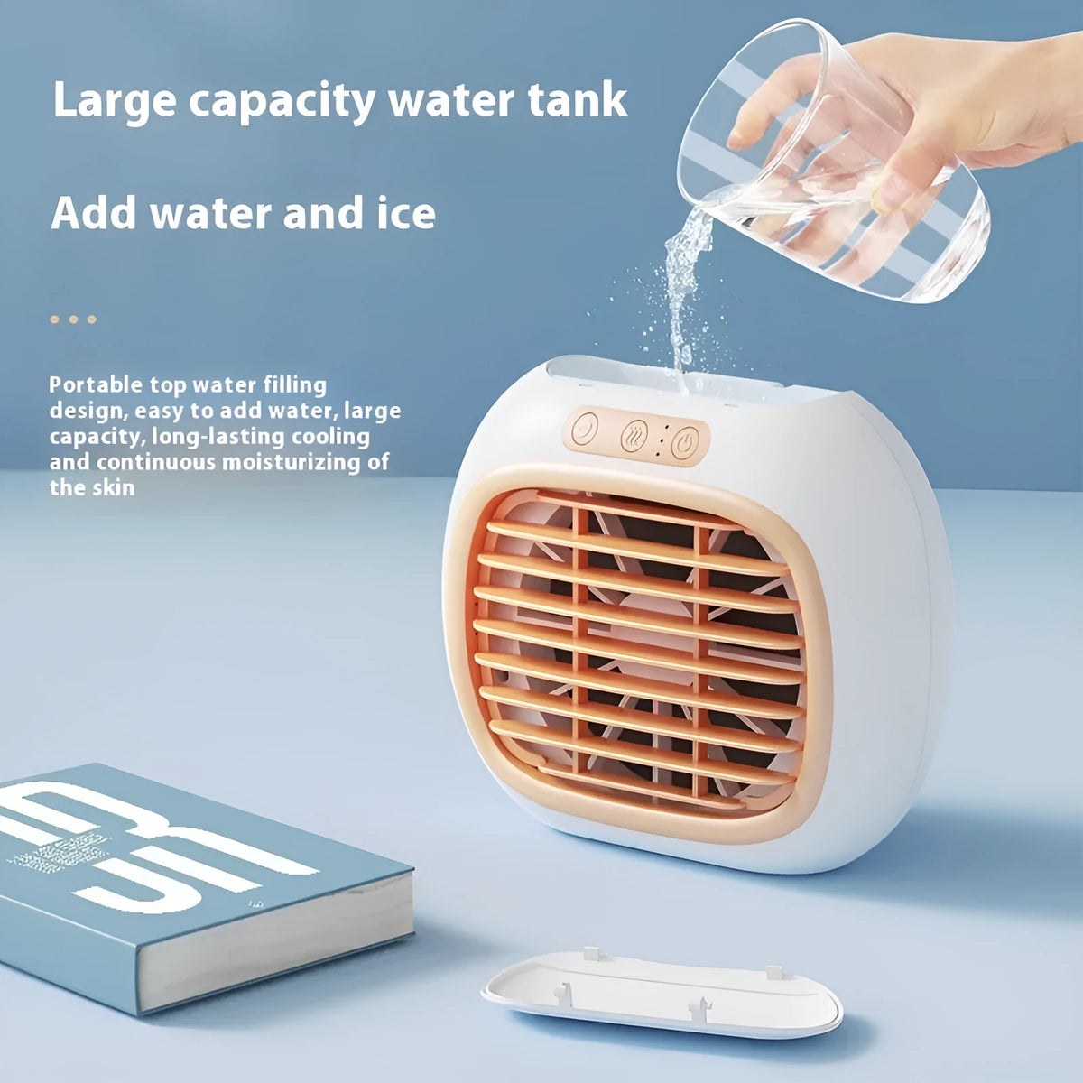 Mini USB air conditioner fan with spray function in Rose Gold or Silver, three speed gears, for household small area use