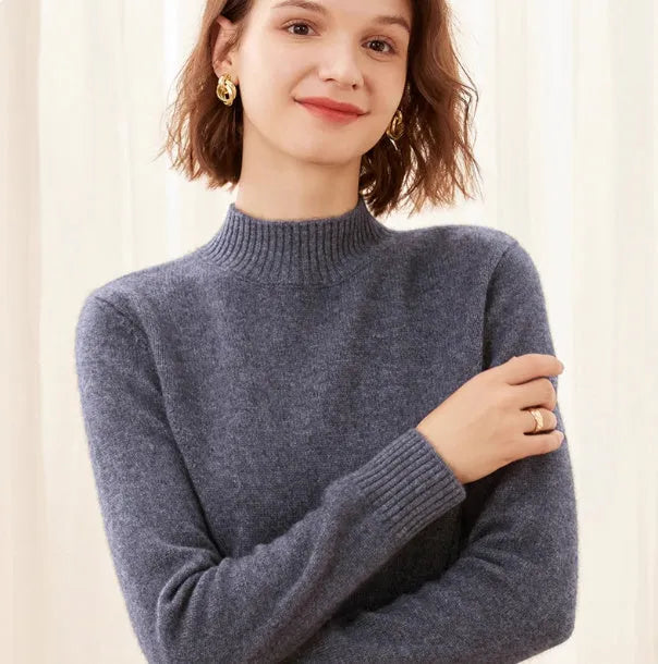 Women's pure cashmere turtleneck sweater in warm beige, high-neck design, soft knit texture