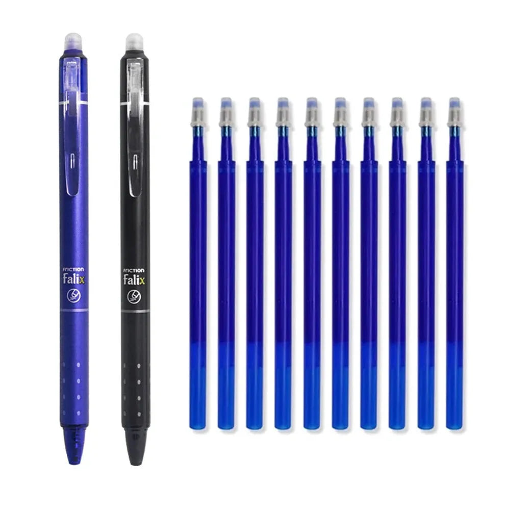 Blue and black erasable 0.5mm gel pen with plastic body and stainless steel nib for student writing
