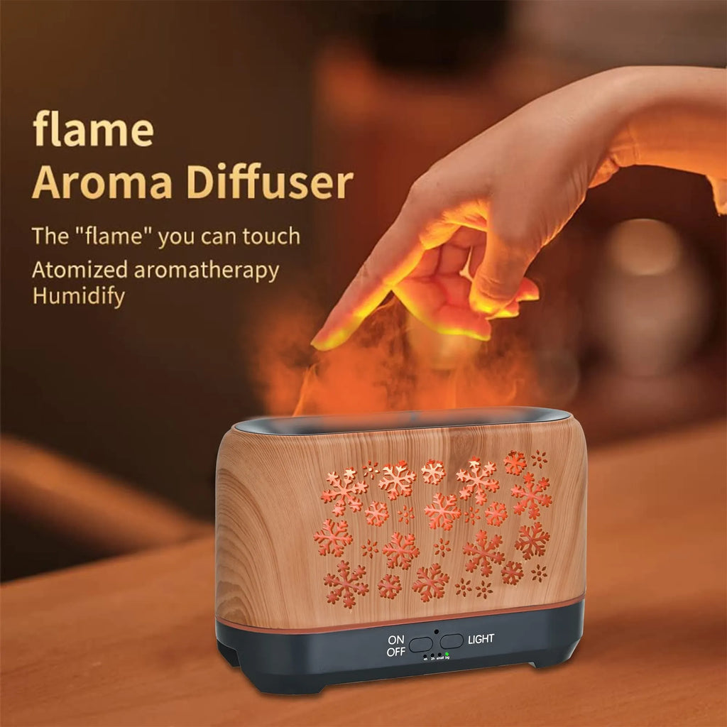 Square desktop aromatherapy humidifier with colourful snowflake wood grain pattern and flame effect lighting