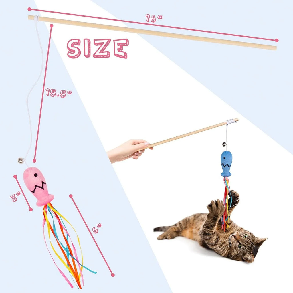 Cat wand toy with wooden handle, colourful ribbons, catnip fish attachment, and bell for interactive play