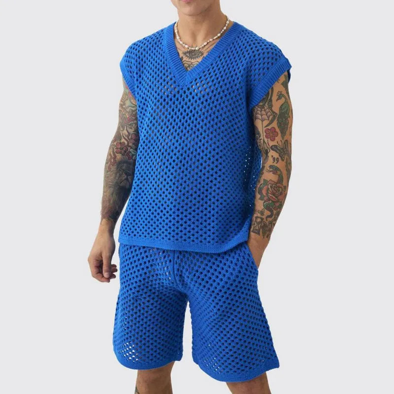 Men's blue V-neck sleeveless vest and matching shorts summer sports suit
