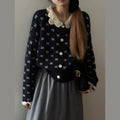 Retro Peter Pan collar knitted cardigan coat with floral embroidery in grey colour