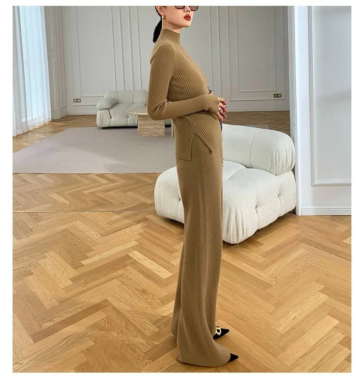 Women's apricot knitted three-piece set with leather stitch detail on cardigan, wide-leg trousers, and top.