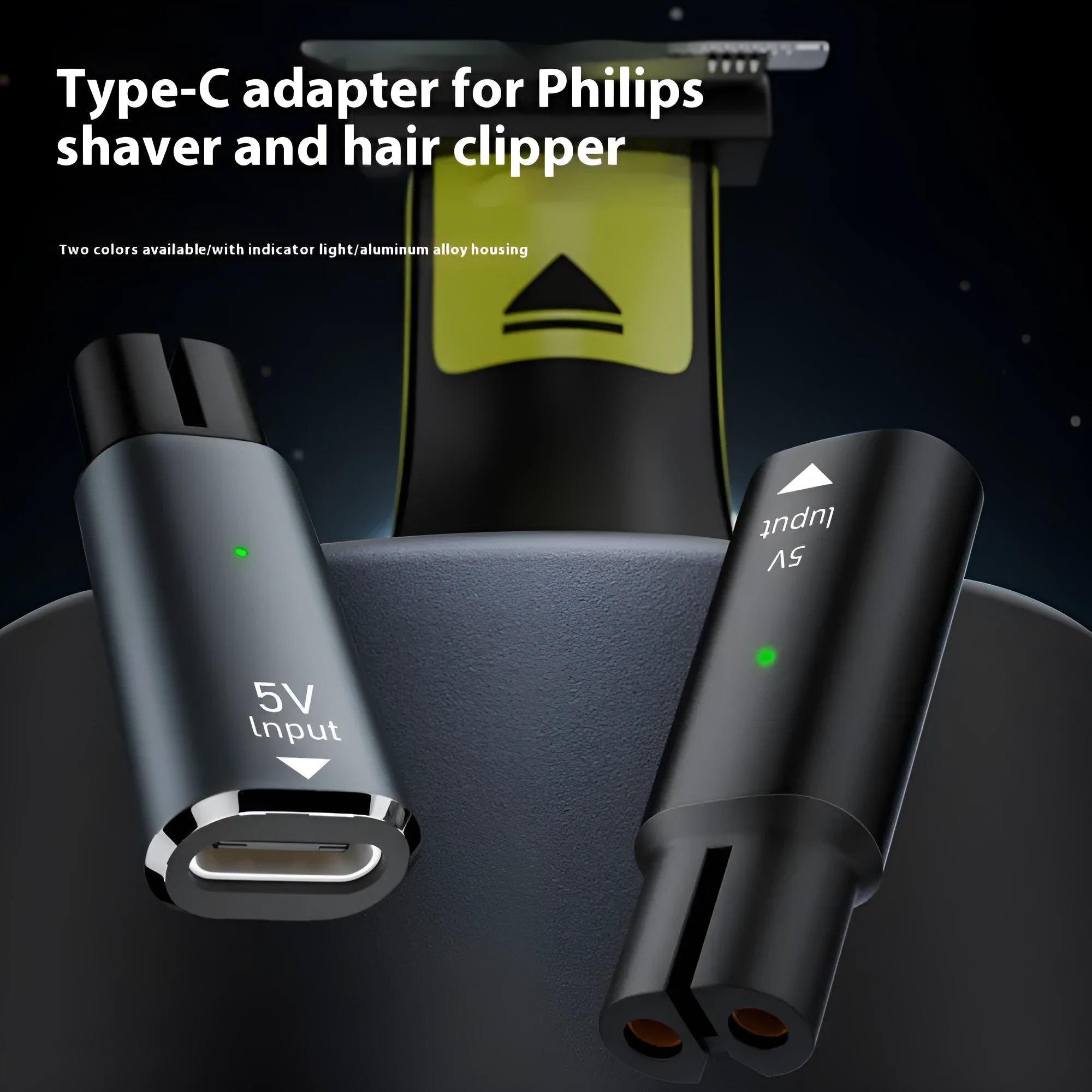 USB-C charging adapter for electric shaver with aluminium alloy case in black or grey colour