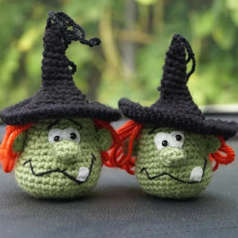 Plush hand-woven car hanging ornament in a cartoon design, made from soft polyester fabric.