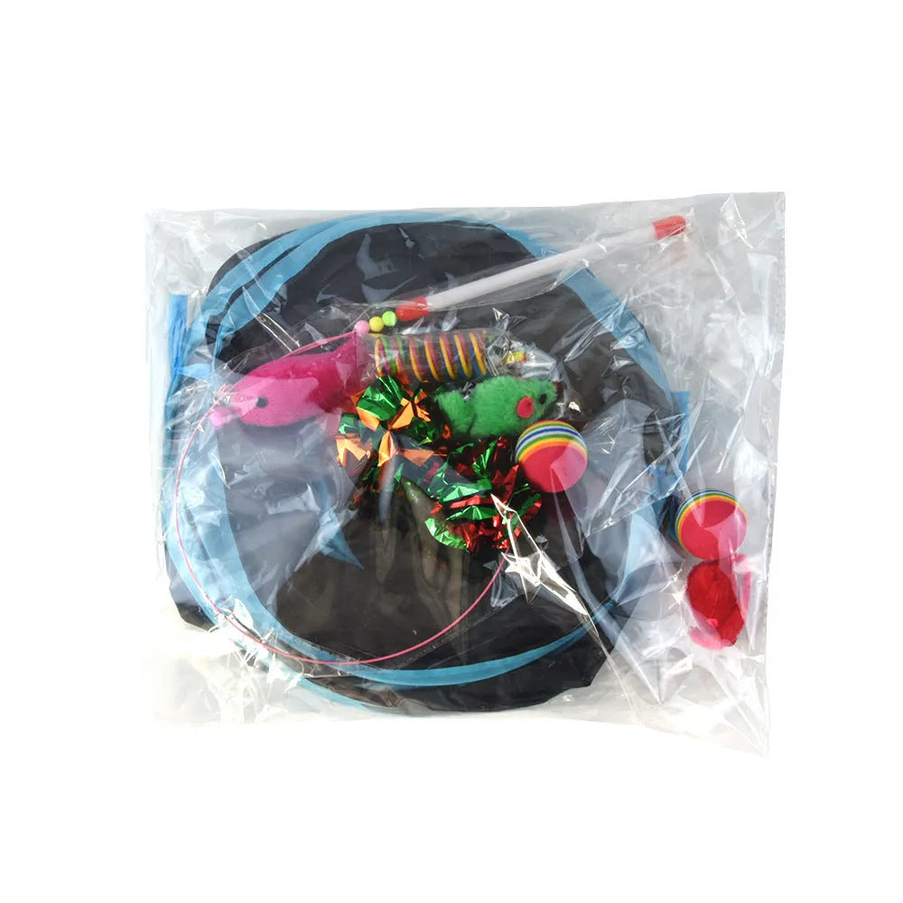 12-piece pet cat toy set with small fish steel wire teaser, plush mouse, and spring tunnel in colour B88290
