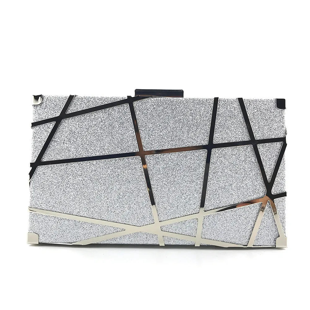 Women's small square glitter chain shoulder bag with lock closure, gold colour, on display