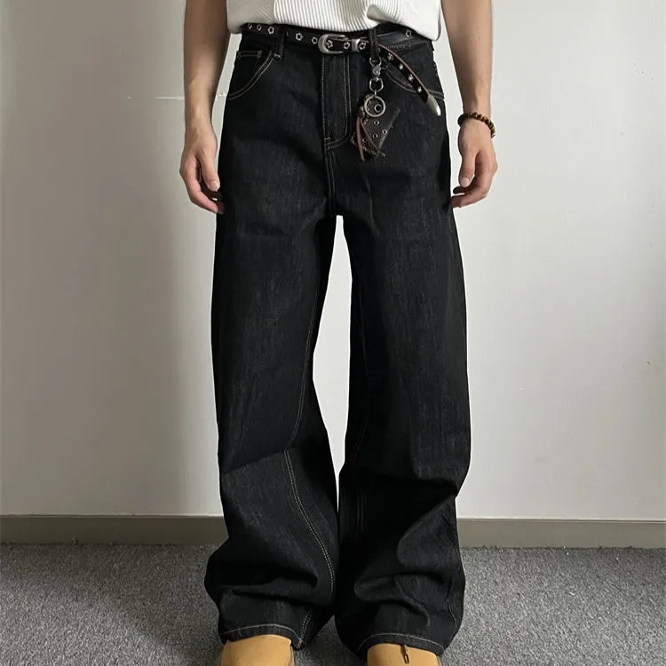 Black retro wide-leg jeans with straight-leg silhouette and mid-waist design
