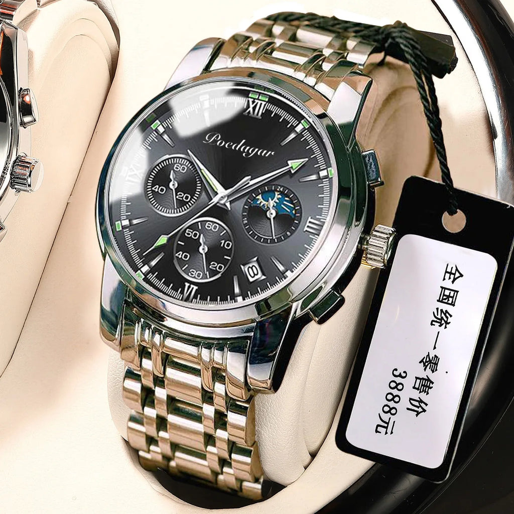 Men's waterproof luminous multifunctional watch with steel strap and black dial showing calendar