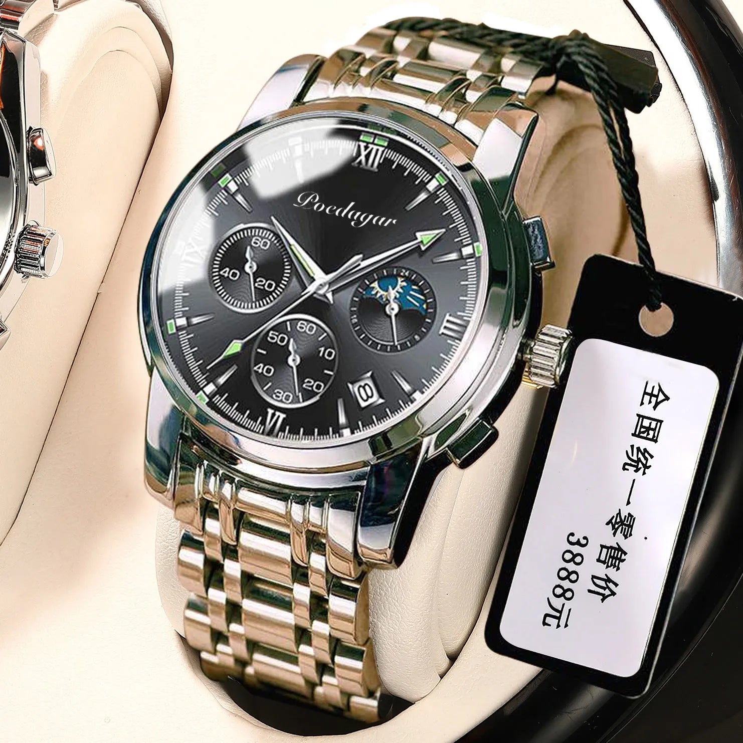 Men's waterproof luminous multifunctional watch with steel strap and black dial showing calendar