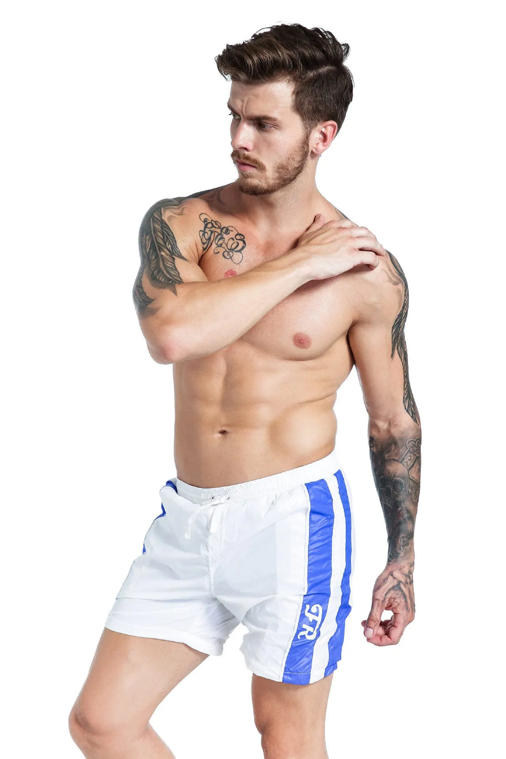 Men's blue slim-fit sports shorts with lace-up detail and integrated padding