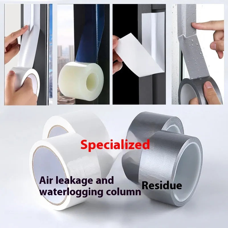 Roll of high-adhesion windproof sealing tape in transparent colour on a windowsill.