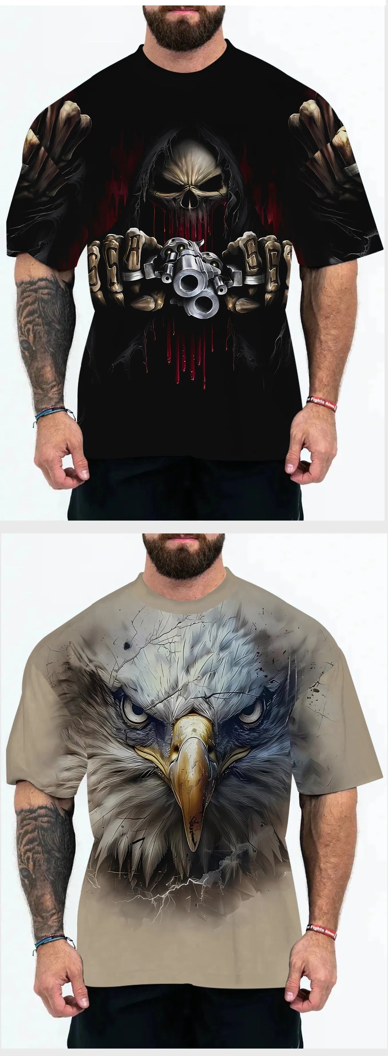 Men's loose fit graphic t-shirt in coloured letters or eagle head design on grey background