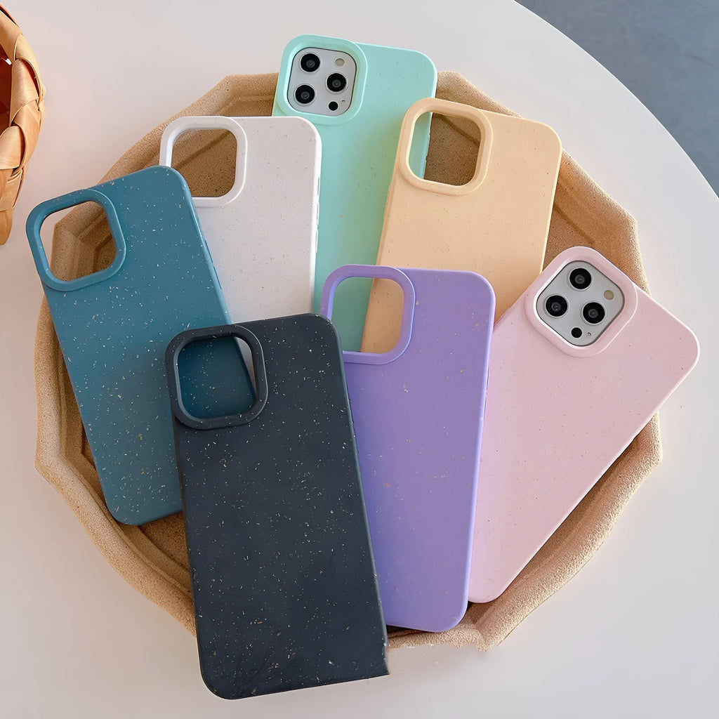 Wheat straw degradable rear cover phone case for iPhone on a white background.