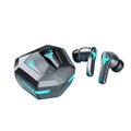 Black wireless in-ear sports gaming headset with bilateral earbuds.