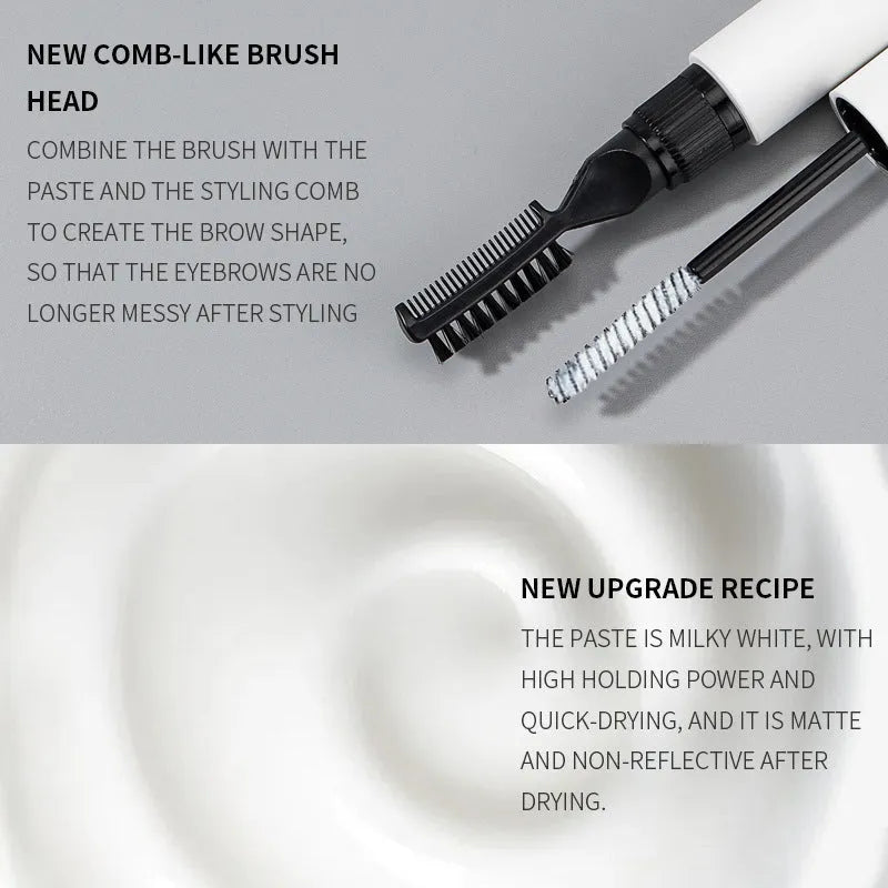Eyebrow glue with brush applicator for shaping natural eyebrows, available in pink and white transparent formulas