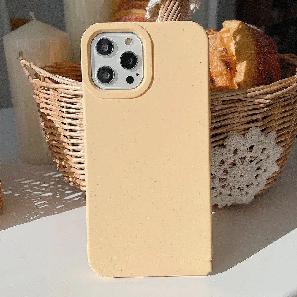 Wheat straw degradable rear cover phone case for iPhone on a white background.