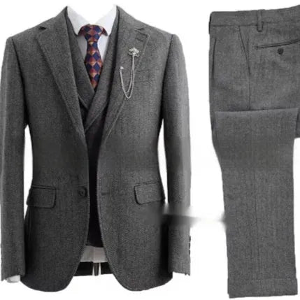 Men's slim fit three-piece suit in brown nylon with jacket, waistcoat, and trousers