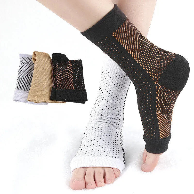 Pair of Korean-style short tube elastic pressure sports socks in nylon fabric, shown in white colour.