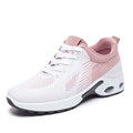 Women's striped flyknit casual running shoes in pink with flat PVC sole and lace-up front