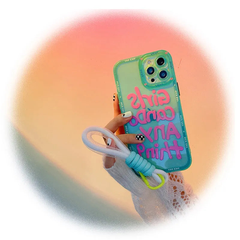 Graffiti hand-painted TPU iPhone case with lanyard in mint green, blue-haired girl, or green crocodile design