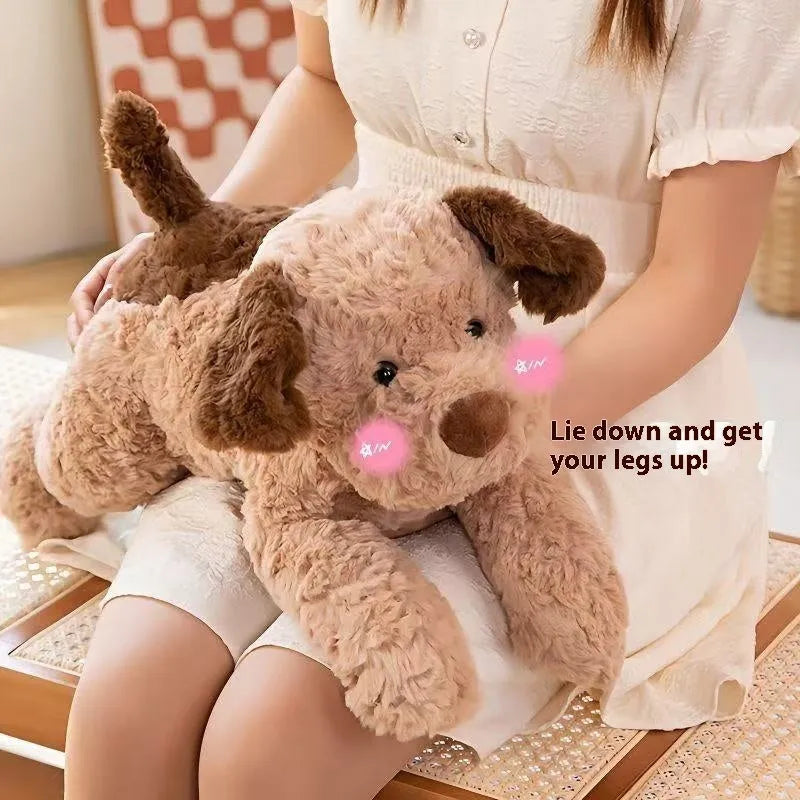 Lying dog plush toy in brown, white, and white and black, available in 35cm, 45cm, and 55cm heights.