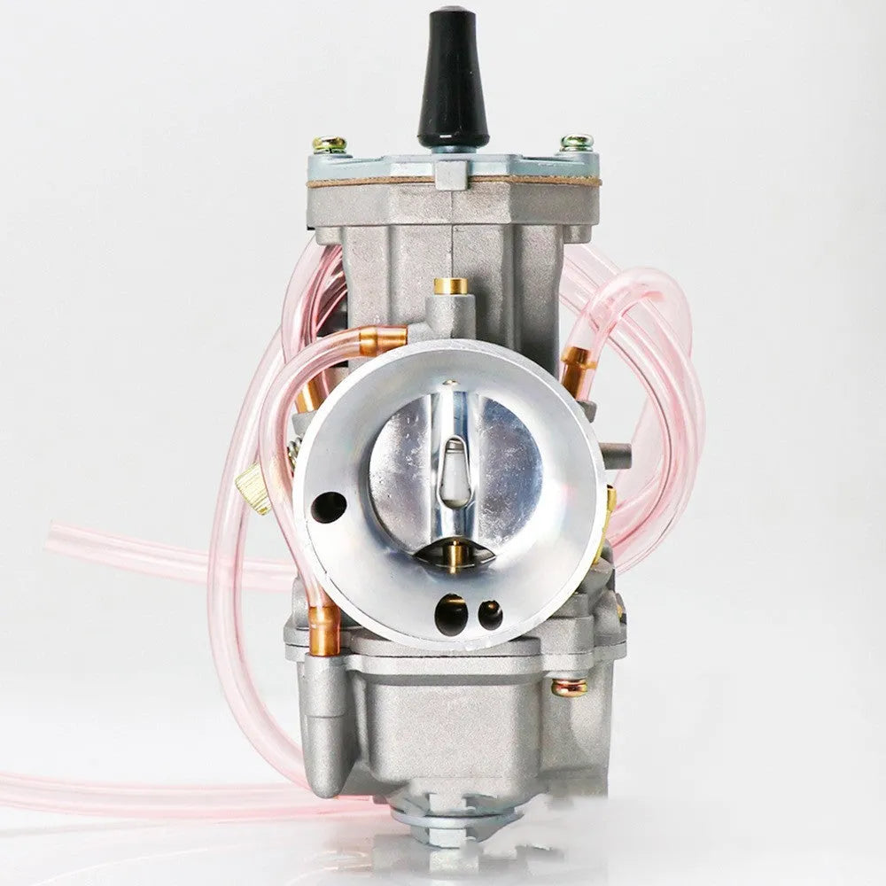 Seven PWK sandblasted motorcycle carburettors in sizes 21mm, 24mm, 26mm, 28mm, 30mm, 32mm, and 34mm for engine modification.