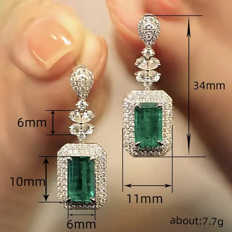 Green copper square bright zircon drop earrings with quadrilateral flower shape, court style for women