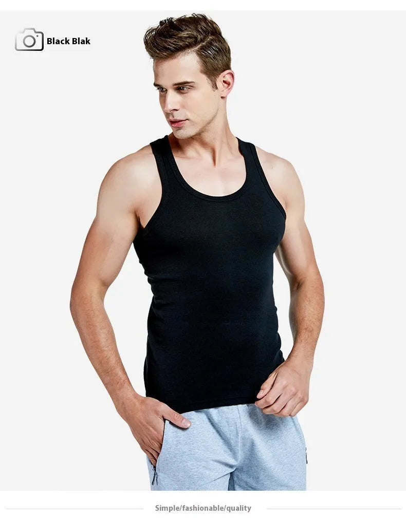 Men's pure cotton slim fit sports vest in white, front view, available in multiple colours and sizes