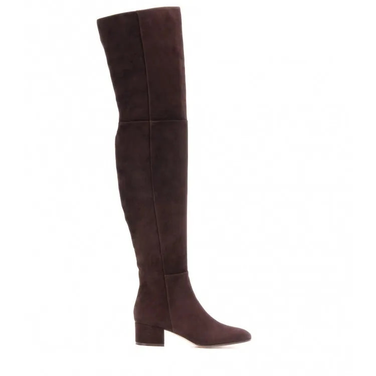 Grey suede women's over-the-knee flat boots with a pointed toe and thick low heel on a neutral background.
