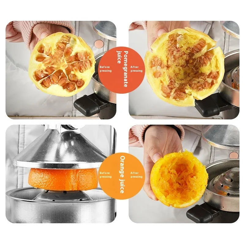 Black ductile cast iron manual citrus juicer with stainless steel strainer on a kitchen counter