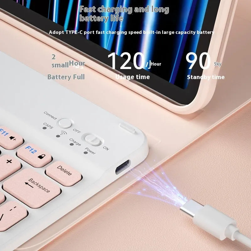 Bluetooth keyboard and optional wireless mouse in colours like white, green, pink, and lavender for tablet and PC use.