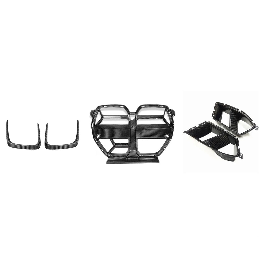Dry carbon fibre front bumper grille for BMW M3 M4 G80 G82 models with 3K weave pattern