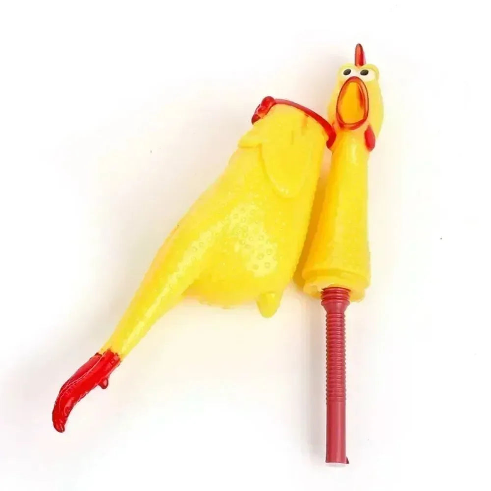 Yellow rubber screaming chicken dog squeak toy with three size options